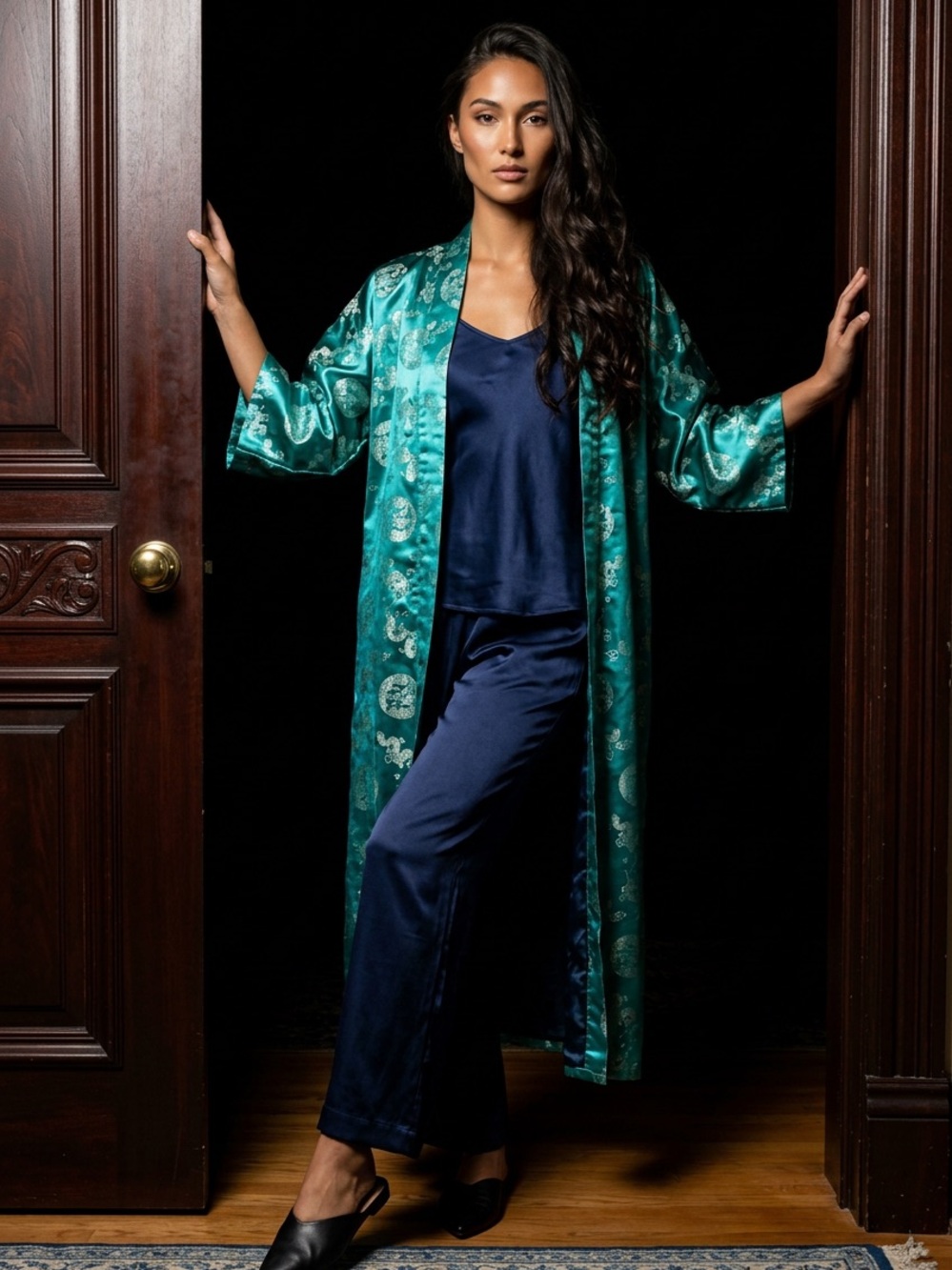 Vintage Esme Chinese Dragon Satin Kimono Robe Turquoise Gold Brocade Size M - Picture 2 of 7